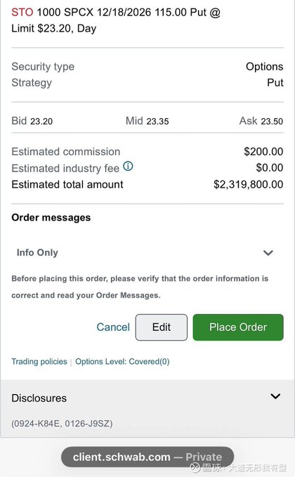 A Charles Schwab order confirmation screen for selling to open 1000 SPCX put options at a $23.20 limit, totaling an estimated $2,319,800.