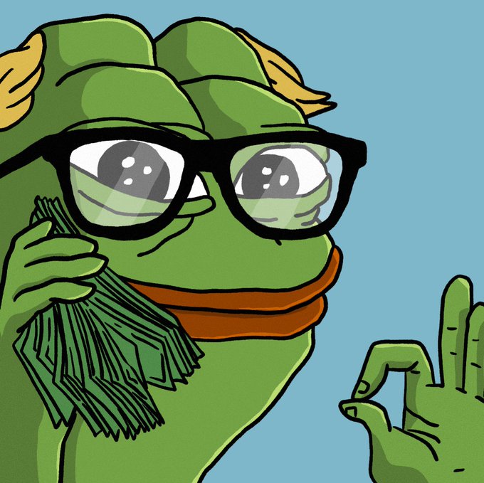 A cartoon illustration of a green frog character wearing black-rimmed glasses and holding a bundle of grass or noodles, while making an 'OK' gesture with its other hand.