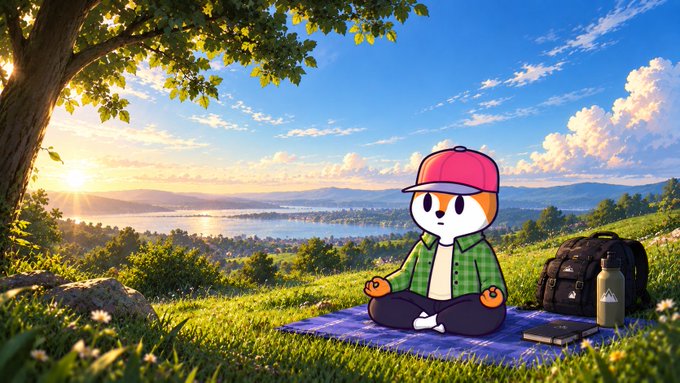 A cartoon cat in a red cap and green jacket meditates peacefully on a blanket, with a backpack and water bottle beside it, set against a serene lakeside sunset view. The tranquil scene reflects the weekend message of recharging and reflecting to prepare for the market ahead.