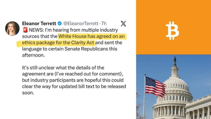 A screenshot of an X post by Eleanor Terrett (@EleanorTerrett) reporting that 'the White House has agreed on an ethics package for the Clarity Act', accompanied by a Bitcoin logo and an image of the US Capitol with an American flag.