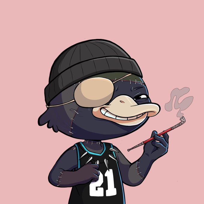 The image features a cartoon character, likely a duck or quacker, wearing a hat and smoking a cigarette while standing against a pink background. The caption provided seems unrelated to the main subject of the image and does not provide any relevant information about the character or its actions. It is important for the post to be clear, concise, and focused on the content being displayed in the image.