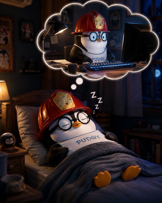 A Pudgy Penguin character wearing a red firefighter helmet and glasses sleeps in bed with 'Z's floating above, dreaming (shown in a thought bubble) of itself gaming at a keyboard.
