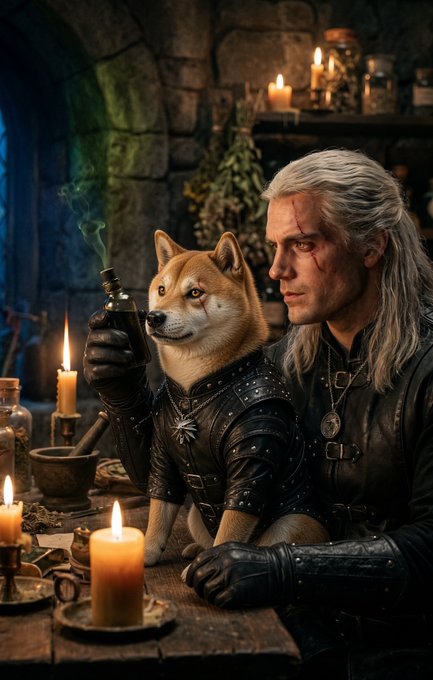 Realistic fantasy portrait of a white-haired warrior resembling Geralt of Rivia with a Shiba Inu companion, examining a green glowing potion in a candlelit medieval tavern setting.
