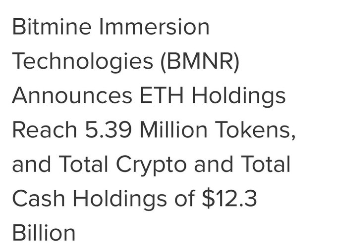 The image shows a white background with black text that reads "bitmine immersion technologies (BMRN) announces ETH holds reach 5.39 million tokens, total crypto + cash holdings of $12 billion and 4.7 mill ether is already staked Wall Street tokenization + AI agents needing neutral public blockchains = the ETH bid keeps getting stronger". The image does not provide any additional information about the content or context beyond what is written in the text.