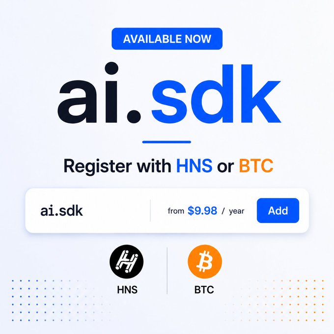 A promotional graphic showing 'ai.sdk' domain registration available now, allowing users to register with HNS or BTC from $9.98/year.