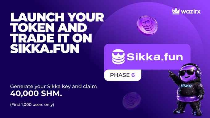 The image features a purple background with white text that promotes an event or launch related to cryptocurrencies, specifically SIKKA-FUN. The text announces "Launch your token and trade it on SIKKA-FUN", while two cartoon coins are displayed in the top left corner of the image - one is labeled "Sikka" and the other reads "Fun". The main focus is on the claim "@WazirXIndia users, Phase 6 is live on @sikkafun Claim your airdrop. Just don'e be the person who says, 'Is it still available?". Focus on how this event or launch connects to the post about generating SIKKA-FUN and claiming it.