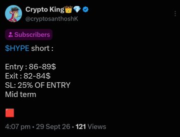 A tweet from Crypto King 👑 (@cryptosanthoshK) dated 29 Sept 26 showing trading signals: 'SHYPE short: Entry : 86-89$, Exit : 82-84$, SL: 25% OF ENTRY, Mid term'.