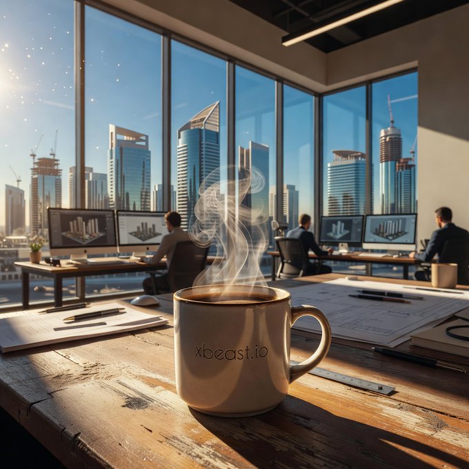 A steaming mug of coffee sits on a wooden desk in the foreground of a modern office with large windows overlooking a city skyline.