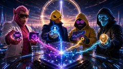 A promotional image showing four hooded figures holding glowing symbols, standing behind a futuristic holographic console.