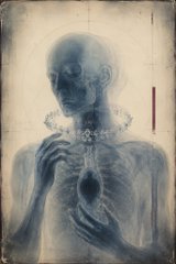 An artistic X-ray style image showing a translucent human figure with visible skeletal features holding a glowing heart.