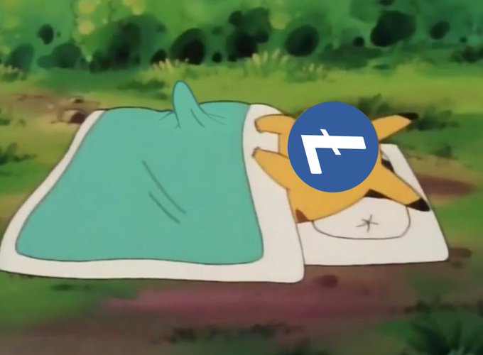 An animated fox sleeps under a teal blanket outdoors, with a blue circular logo featuring a white stylized "F" or arrow symbol overlaid on its head, playfully illustrating the "GM." (good morning) post.