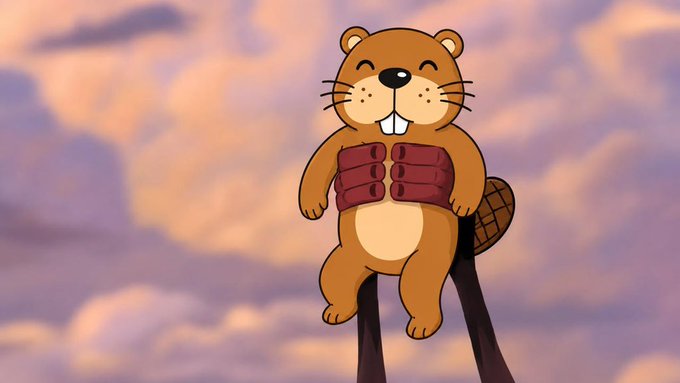 An animated cartoon beaver character standing upright against a cloudy sky background, wearing a red life vest and showing its characteristic buck teeth.