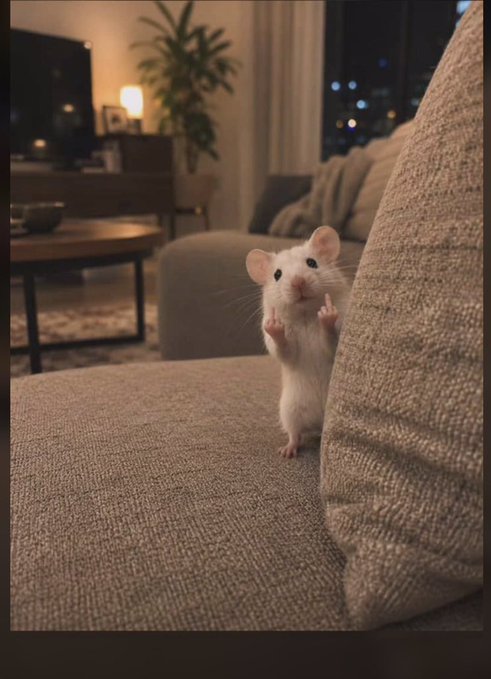 A white mouse stands on its hind legs on a gray couch, peering around a cushion in a warmly lit living room setting.