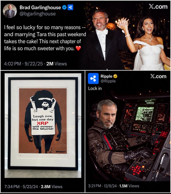 The collage shows three posts: Brad Garlinghouse's (@bgarlinghouse) wedding announcement from 9/22/25 with 2M views, his 5/23/24 post featuring "Laugh now, but one day XRP will power the World!" Banksy artwork with 2.8M views, and Ripple's (@Ripple) "Lock in" cockpit meme from 12/9/24 with 1.5M views.

The accompanying post highlights how Garlinghouse posted his wedding photo at 4:02, the XRP art at 7:34, and Ripple's "Lock in" at 3:21 PM—all containing 3/2/1 sequences pointing to 9/21, suggesting hidden date coding related to $XRP milestones.