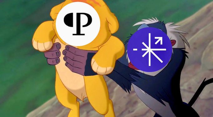 The image shows a lion and a rhinoceros trying to hold each other's heads with their paws, creating an awkward pose. They are both holding blue circles that contain dollar signs or price labels. The caption of the image reads "be the first to trade $PRL with up to 3X leverage only on Margin". This indicates that there might be a financial market event related to the lion and rhinoceros in this particular photo.