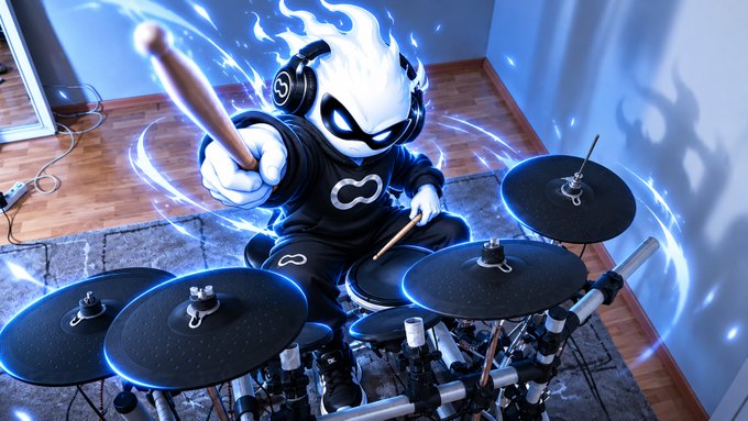 A stylized mascot character with white flame-like hair and headphones energetically plays an electronic drum kit, surrounded by glowing blue energy effects.