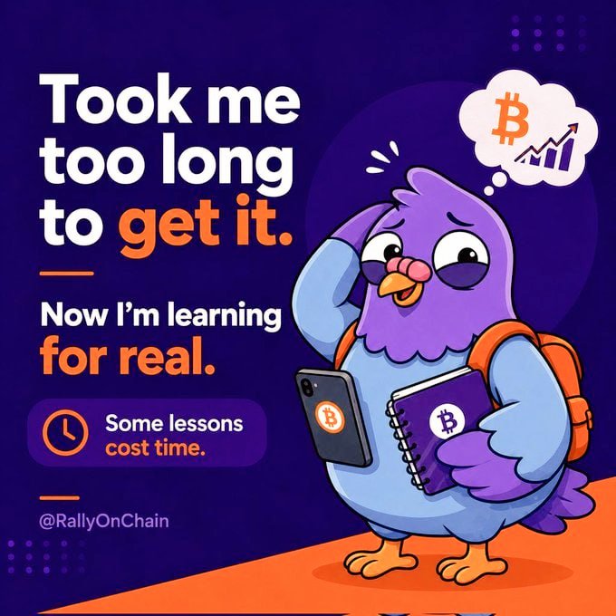 The image features a cartoon bird holding a book and a cell phone with a thought bubble above its head. The text below the illustration reads, "Took me too long to get it. Now I'm learning for real." This message seems to be related to the concept of investing in Bitcoin or cryptocurrency, as suggested by the post about Web3.
