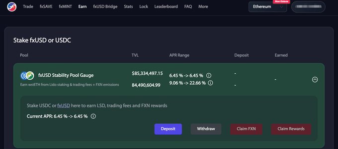 The image shows the f(x) Protocol Earn page displaying the "Stake fxUSD or USDC" interface for the fxUSD Stability Pool Gauge, with a TVL of $85,334,497.15 and an APR range of 6.45% to 6.45%. This relates to the post by illustrating the user's initial assumption about staking either fxUSD or USDC for a 6.45% APR, which the author is questioning based on the deposit and withdrawal mechanics.