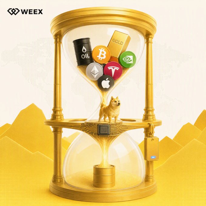 A promotional image for 'WEEEX' cryptocurrency exchange showing a golden hourglass filled with coins representing Bitcoin, Ethereum, Gold, Oil, Apple, and other assets, with a Shiba Inu dog sitting in the middle.