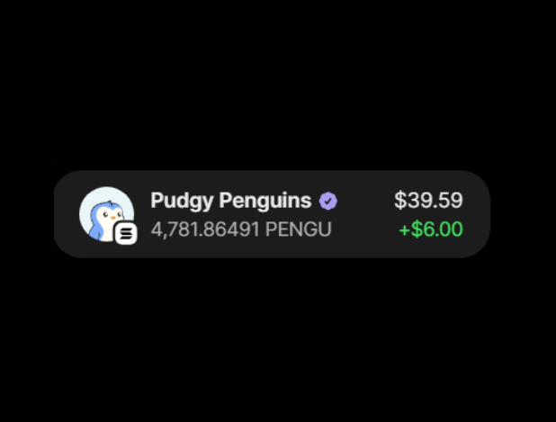 A screenshot showing the Pudgy Penguins ($PENGU) token price at $39.59 with a +$6.00 gain on a black background.