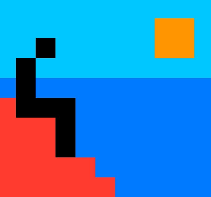 A minimalist pixel art scene with a light blue sky, darker blue water, red land, an orange sun, and a black figure sitting on a cliff.
