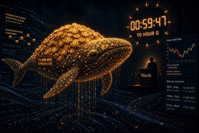 A digital graphic features a glowing golden whale made of Bitcoin symbols, accompanied by crypto market data including '11,499 BTC $768,541,732', a countdown timer reading '00:59:47 TO HOUR 6', and a 'FOMC MEETING' chart.