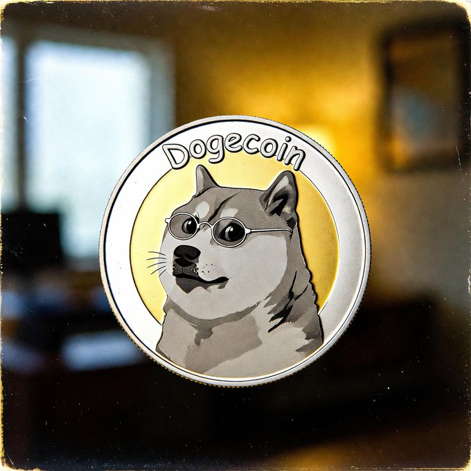 A close-up of a Dogecoin coin featuring the Shiba Inu dog wearing small glasses, with the word 'Dogecoin' inscribed around the edge.