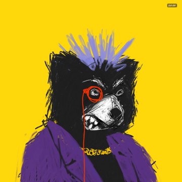 A stylized illustration of a snarling black bear wearing a purple jacket and gold chain against a bright yellow background, with the artist's signature 'BEN-JK' in the corner.