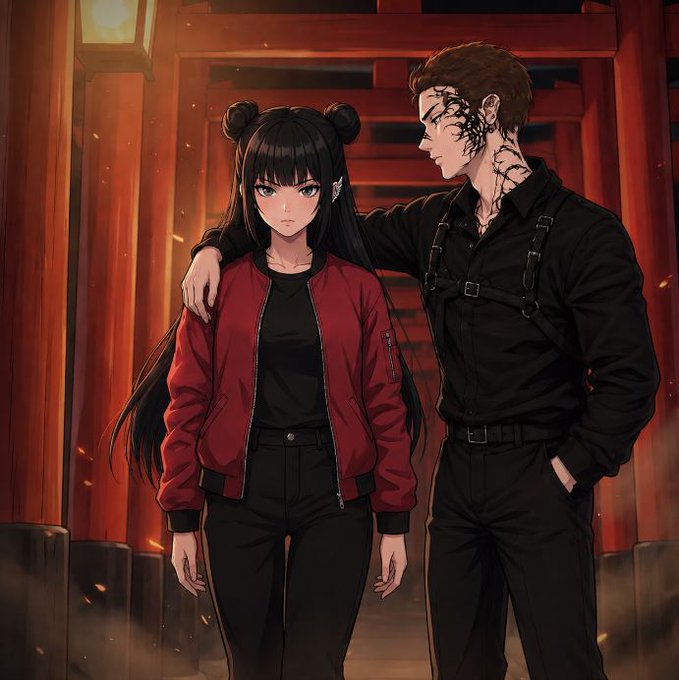 An anime-style illustration of a girl in a red bomber jacket and a man in a black shirt with facial markings standing together in a dimly lit, red-toned setting.