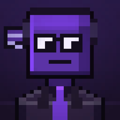 A pixel-art character with purple skin wears square black glasses against a dark purple background.