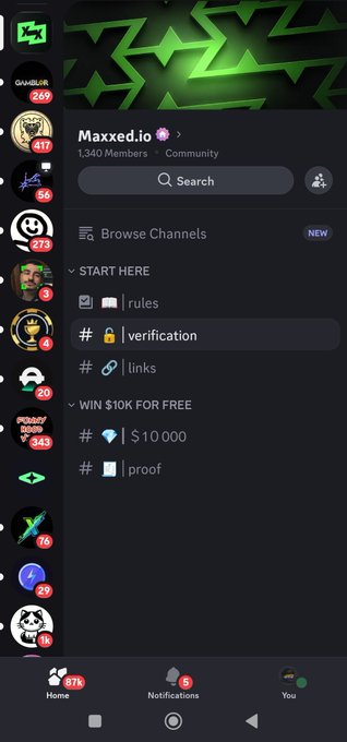 A mobile screenshot of the Discord app showing the 'Maxxed.io' community with 1,340 members, displaying channel categories including 'START HERE' (rules, verification, links) and 'WIN 10K FOR FREE' ($10,000, proof) with a green geometric background.