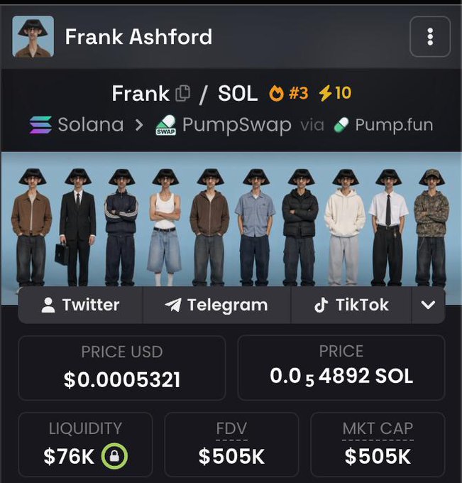 A screenshot of the "Frank Ashford" Solana token on PumpSwap via Pump.fun shows a price of $0.0005321 (0.04892 SOL) with a market cap and FDV of $505K, $76K liquidity, and ranks #3 in SOL with 10 lightning entries, displayed alongside ten character avatars in various outfits—visualizing the "bag of $FRANK" purchase the post references at sub-$500K market cap.