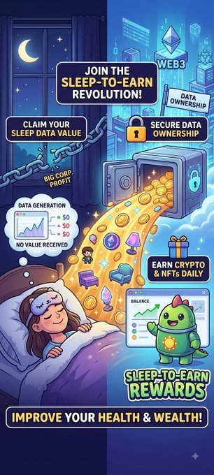 Promotional graphic for a 'Sleep-to-Earn' Web3 platform featuring a cartoon girl sleeping, gold coins flowing into a vault, and claims of earning crypto and NFTs daily while improving health.