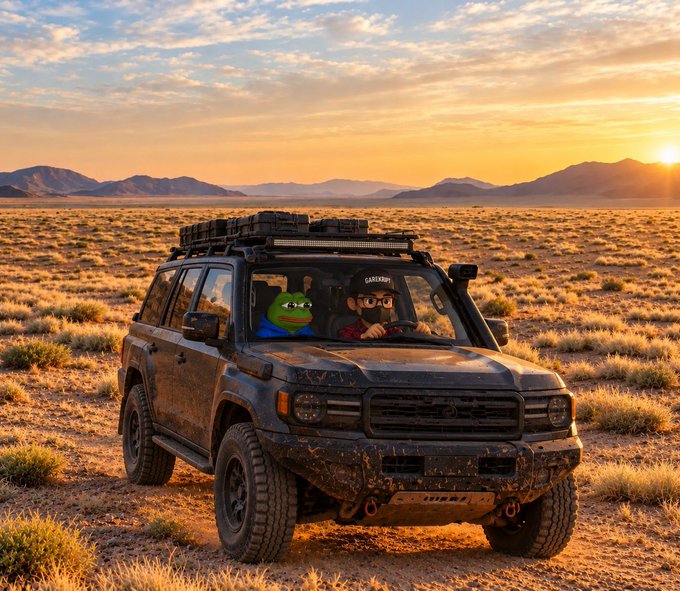 A mud-splattered Toyota Land Cruiser parked in a desert landscape at sunset, with cartoon figures of Pepe the Frog and a bearded man in the front seats and gear on the roof rack.