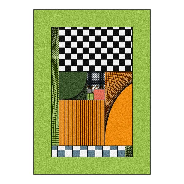 An abstract geometric poster or artwork featuring a green textured border surrounding a composition of checkered black-and-white patterns, green shapes, orange sections with vertical stripes, and grid overlays.
