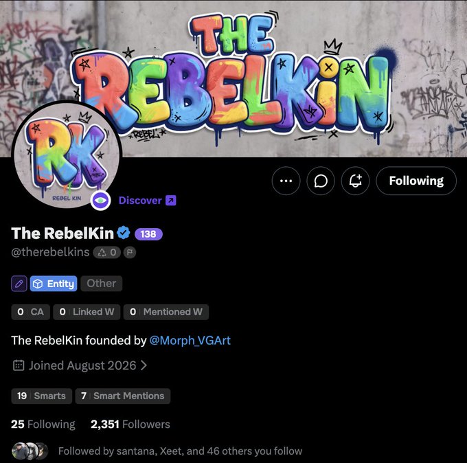 Twitter/X profile of 'The RebelKin' (@therebelkins), an Entity founded by @Morph_VGArt, showing graffiti-style rainbow logo artwork and 2,351 followers.