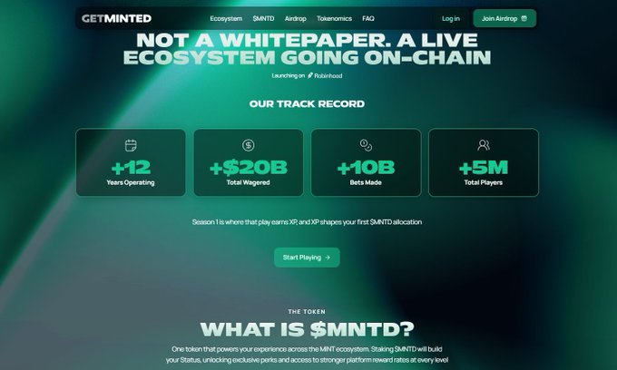 A screenshot of the GETMINTED website displaying their pitch as 'NOT A WHITEPAPER. A LIVE ECOSYSTEM GOING ON-CHAIN,' with stats showing +12 Years Operating, +$20B Total Wagered, +10B Bets Made, and +5M Total Players, and introducing the $MNTD token.