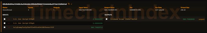 A cryptocurrency transaction history on Timechain Indexex shows three inputs from unconfirmed UTXOs producing outputs with a fee of 0.00000183 BTC.