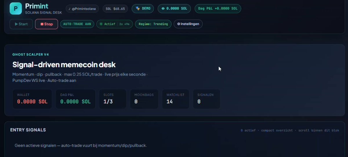 The image shows the dashboard of a Solana-based trading bot called "Primint," displaying a signal-driven memecoin trading interface with auto-trade enabled, 14 watchlist items, and 8 signals (though 0 active and 0.0000 SOL in the demo wallet), demonstrating the bot's interface that the creator built for trading memecoins with momentum/dip/pullback signals and built-in stop-loss/take-profit security features.