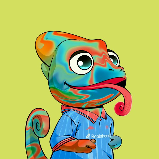 A colorful digital illustration of a smiling chameleon wearing a blue Robinhood jersey against a yellow-green background.