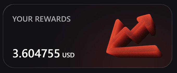A rewards card displaying 'YOUR REWARDS' with a balance of '3.604755 USD' next to a red 3D upward-trending line chart icon.