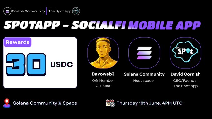 The image features a poster for a new social media app called "SocialFi Mobile App" that was created by Solana Community X Space. The poster includes a photo of a man with a gold headband, which is used as an advertisement for the app. The poster also displays text promoting the app and offering rewards to users who download it.