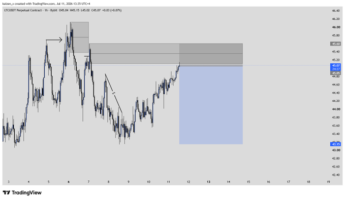 A TradingView chart of the LTCUSDT Perpetual Contract on Bybit showing price action with annotations, with key levels marked at 45.63 and 45.15, and a blue highlighted zone indicating a potential short trade setup.