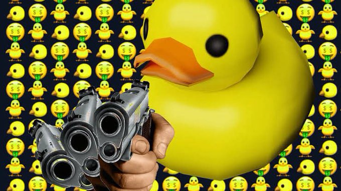 A yellow rubber duck points two silver pistols outward against a repeating background of cartoon ducks wearing green shirts displaying "$$" symbols, while "EPIK" text appears on the gun and faint tickers dot the wallpaper—visually reinforcing the post about the $EPIK memecoin's explosive rise and weaponized bullishness.