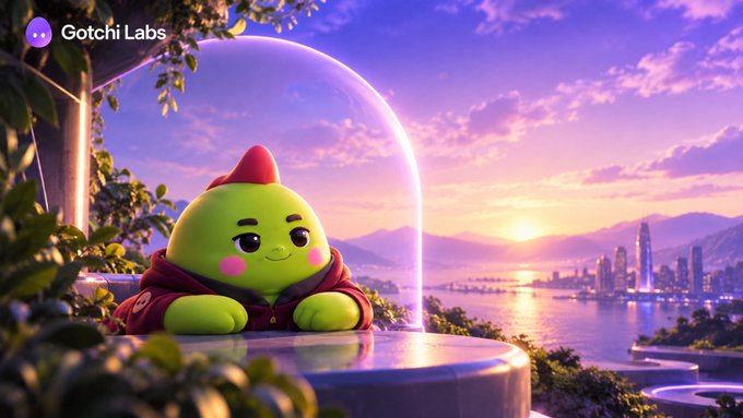 A digital illustration of a green cartoon character with a red crest in a red hoodie inside a glass dome, with 'Gotchi Labs' logo, overlooking a sunset cityscape across water.