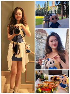 A photo collage shows a young woman taking mirror selfies and pictures with a blue plush character in various locations including Pisa, Italy.