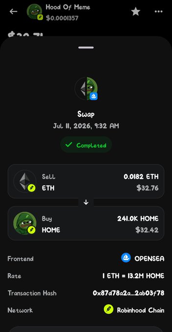 A mobile crypto swap screen showing a completed transaction on OpenSea to sell '0.0182 ETH' for '241.0K HOME' (Hood Of Meme) on the Robinhood Chain network.