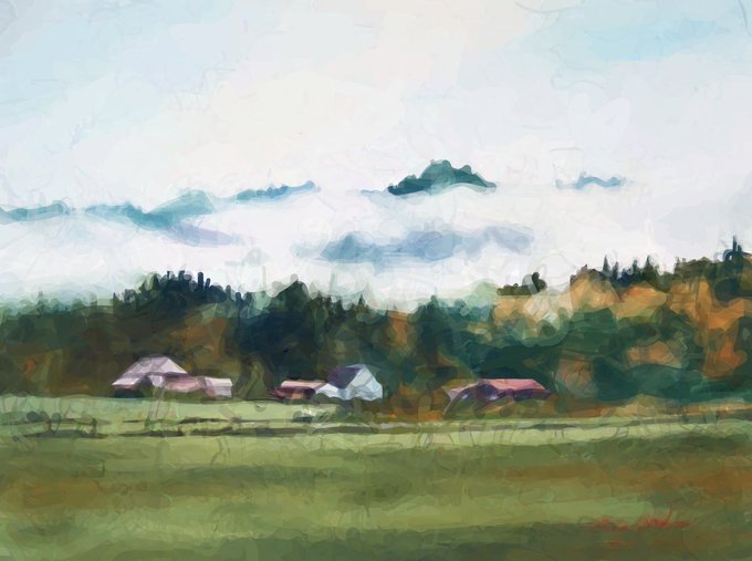 A painterly, impressionistic landscape depicts houses nestled in a green field with a forested hillside and cloudy sky in the background.