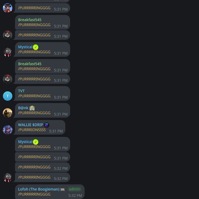 A Discord chat log shows multiple users repeatedly spamming the text '/PURRRRINGGGG' and '/PURRIONSSSS' between 5:31 PM and 5:32 PM.