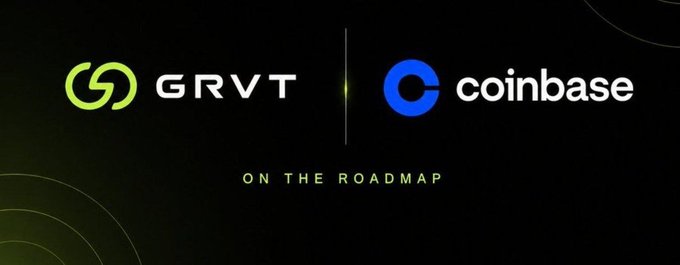 A dark-themed banner displaying the GRVT and Coinbase logos side-by-side with the text 'ON THE ROADMAP' underneath.